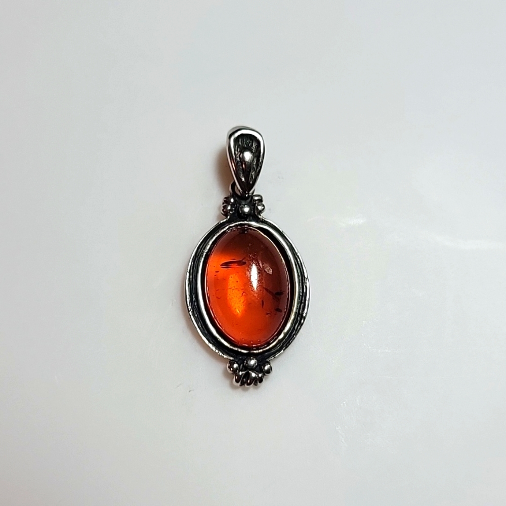 Amber Sterling Silver Oval Pendant, Oxidized Silver